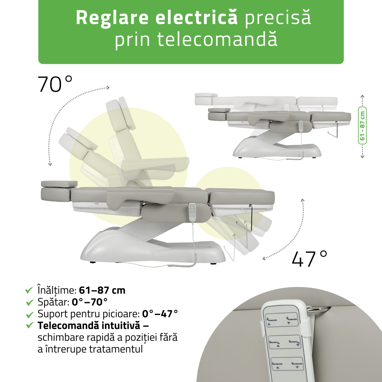 Fotoliu cosmetic electric | LEO PRO 4| Scaun cosmetic cu reglare electrică | Telecomandă Manuală