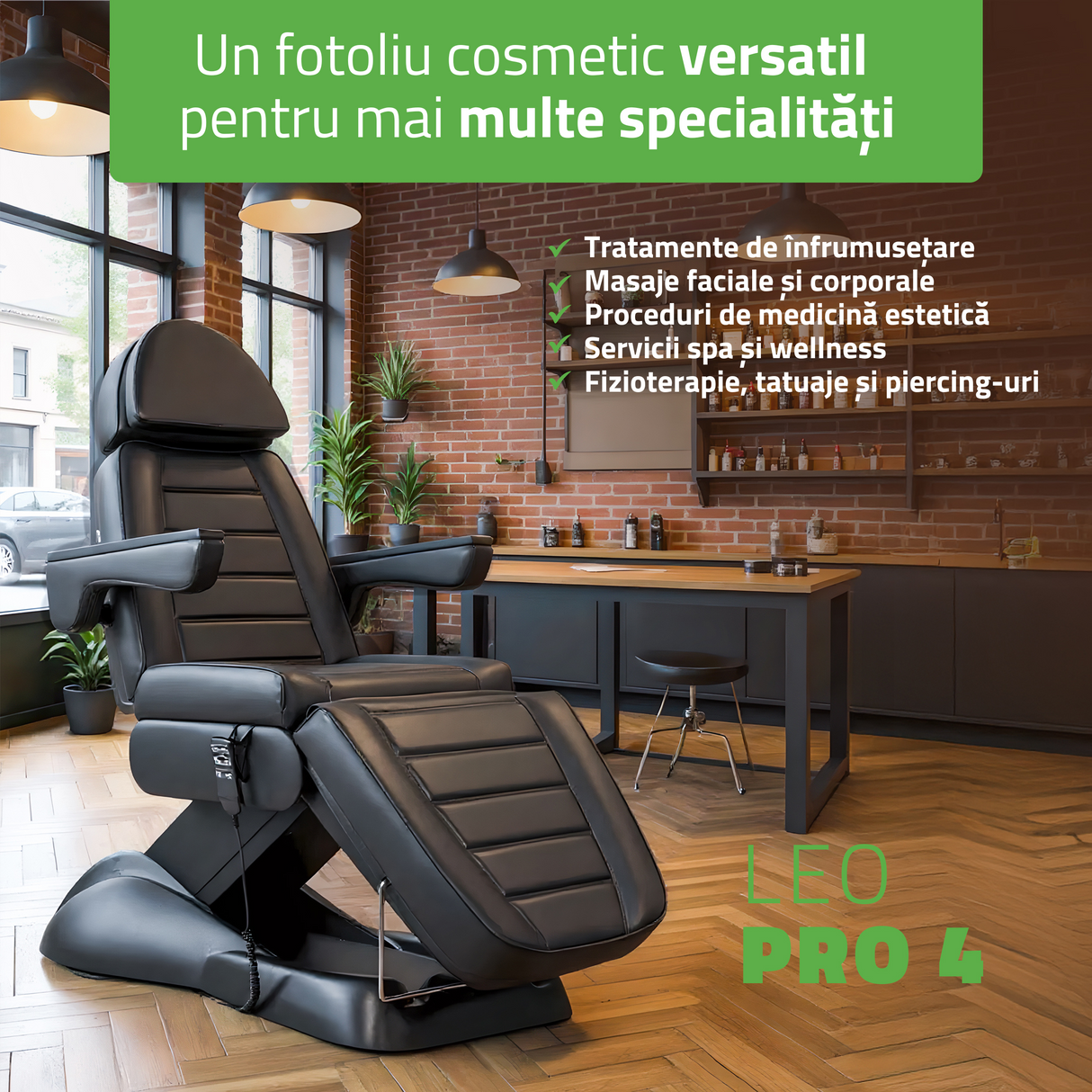 Fotoliu cosmetic electric | LEO PRO 4| Scaun cosmetic cu reglare electrică | Telecomandă manuală | 3 ani garanție!