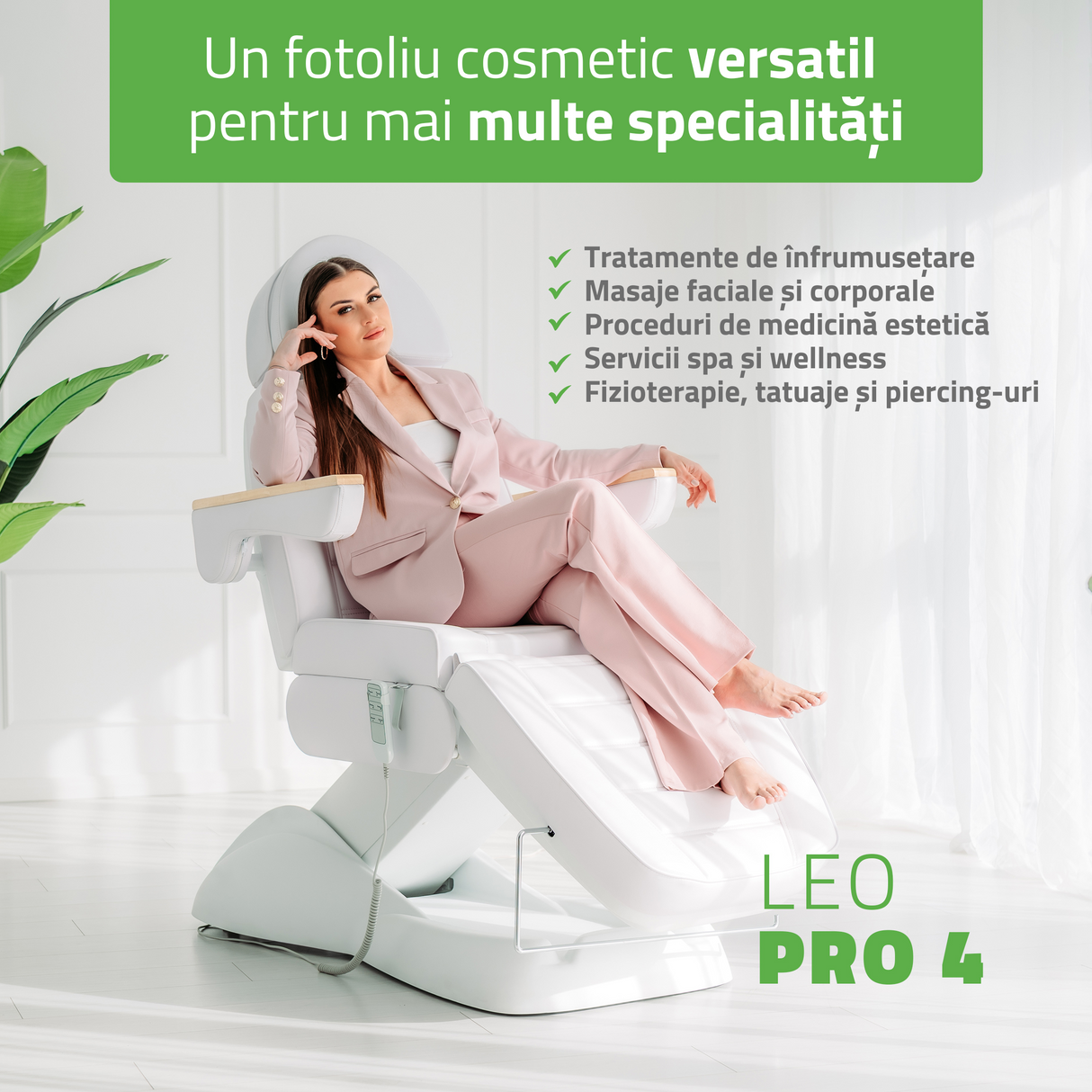 Fotoliu cosmetic electric | LEO PRO 4| Scaun cosmetic cu reglare electrică | Telecomandă manuală | 3 ani garanție!