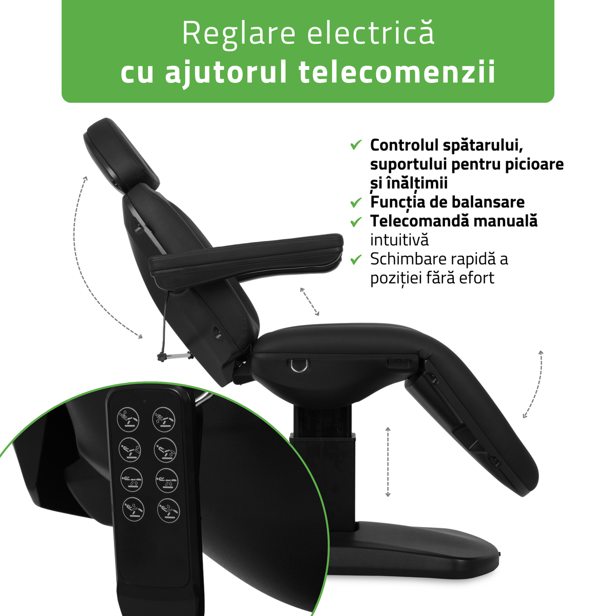 Pat cosmetic electric | Ravia PRO 3 | Fotoliu cosmetic cu reglare electrică | Telecomandă de manuală | 4 motoare electrice