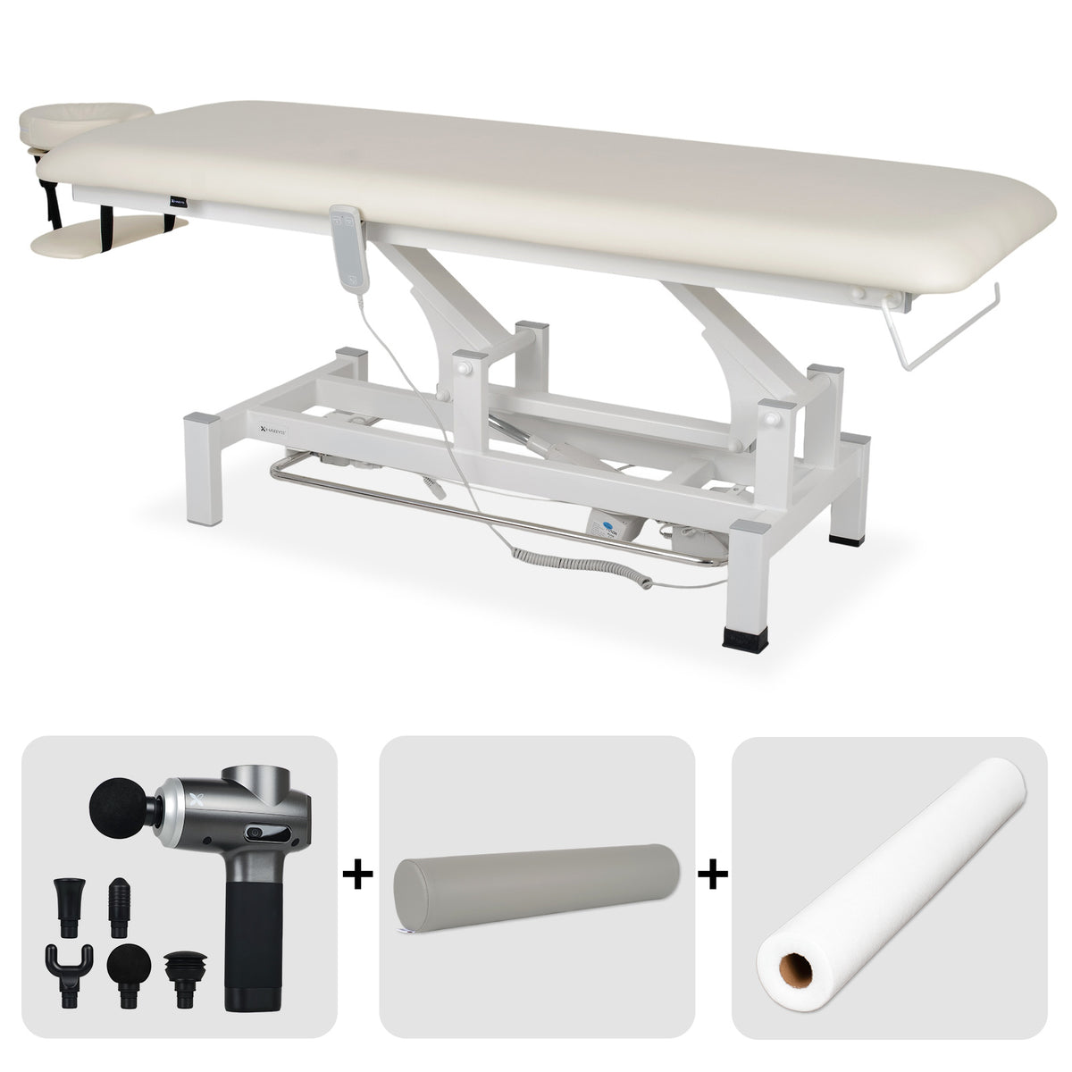 Masă de masaj electrică Fortis 1 + Telecomandă Manuală + Ramă de control + pistol de masaj Pro Therapy Max + rolă cilindrică plină 15 × 60 cm + cearșaf din material nețesut, la rolă