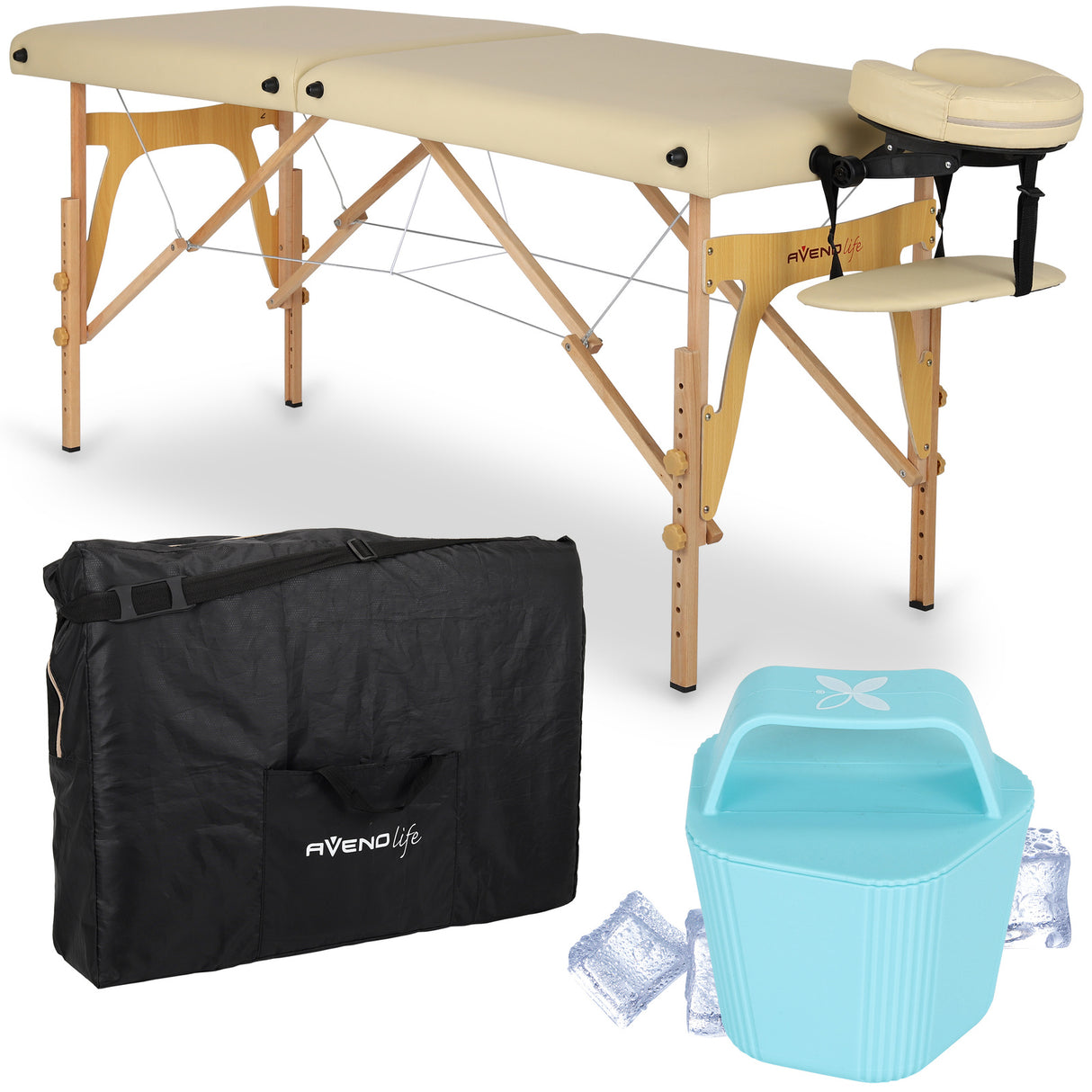Set | Masă de masaj Sonia 60 cm – bej | + Ice Roller pentru corp – Albastru