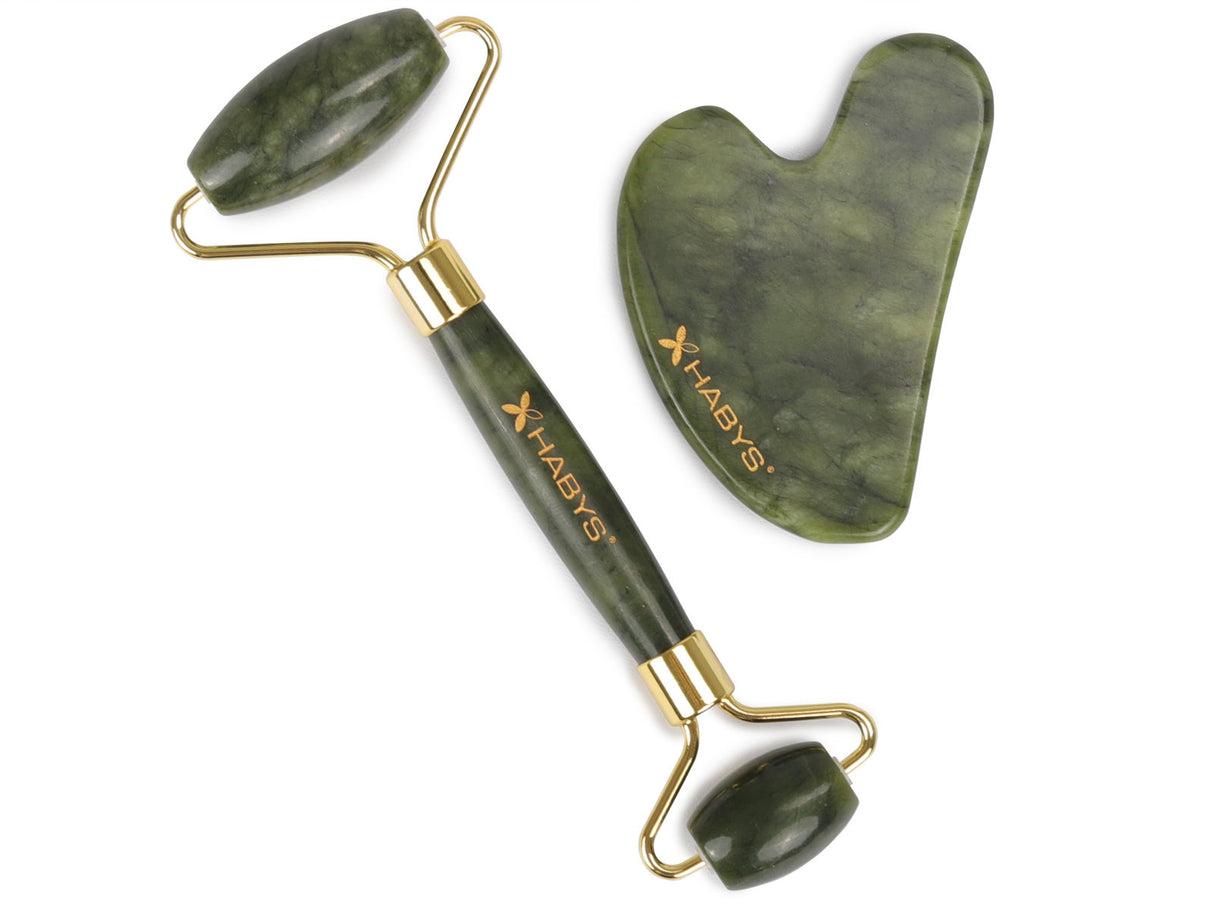 Set pentru masaj facial HABYS | Piatră Gua Sha din Jad + |  Roller din jad + | Ulei natural de migdale 100 ml