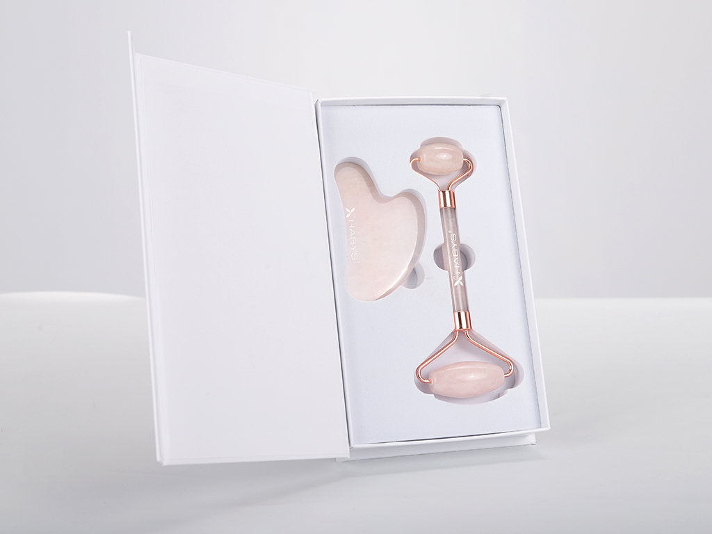 Set de masaj Gua Sha | Rolă din piatră cuarț roz