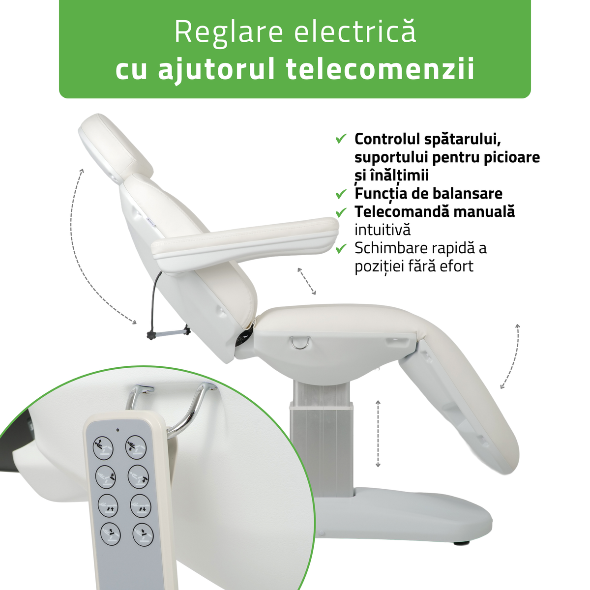 Pat cosmetic electric | Ravia PRO 3 | Fotoliu cosmetic cu reglare electrică | Telecomandă de manuală | 4 motoare electrice