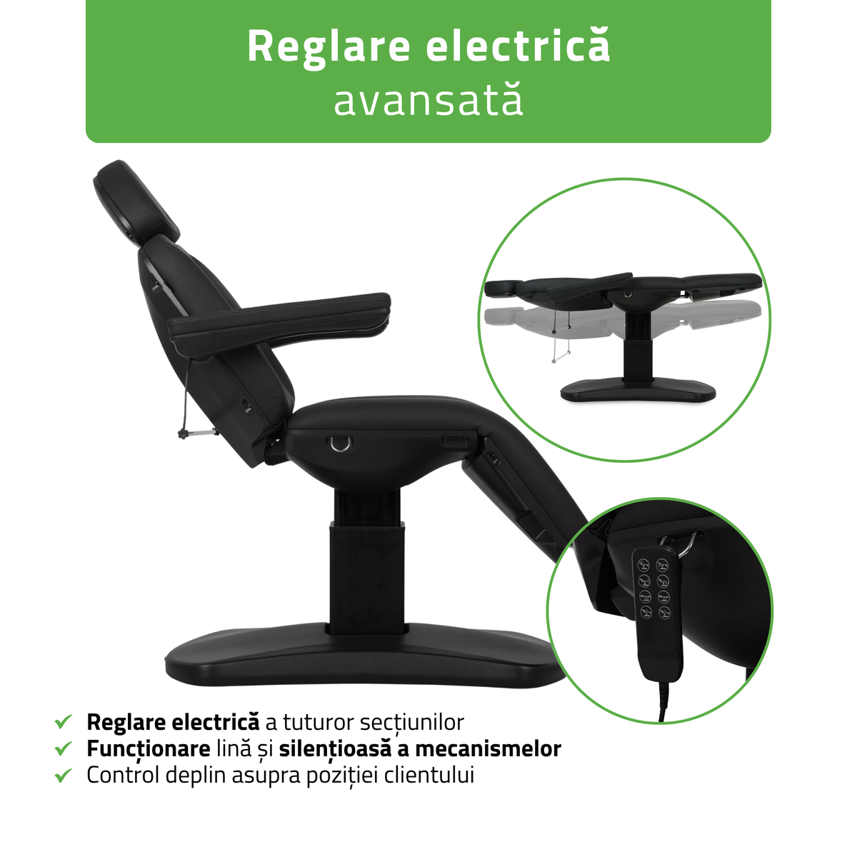 Pat cosmetic electric | Ravia PRO 3 | Fotoliu cosmetic cu reglare electrică | Telecomandă de manuală | 4 motoare electrice