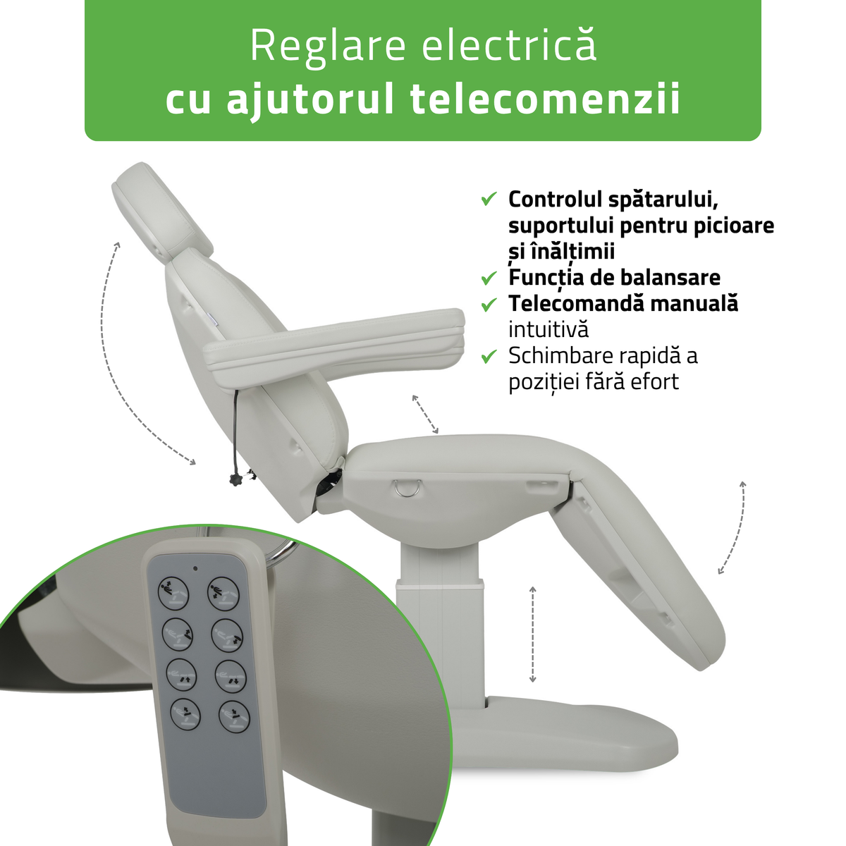 Pat cosmetic electric | Ravia PRO 3 | Fotoliu cosmetic cu reglare electrică | Telecomandă de manuală | 4 motoare electrice