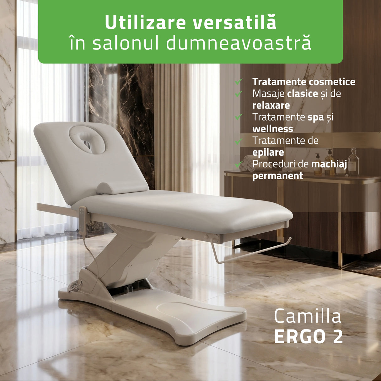 Pat cosmetic electric încălzit pentru masaj și tratamente SPA | 2 motoare | Camilla ERGO 2 | Telecomandă Manuală | 3 ani garanție!