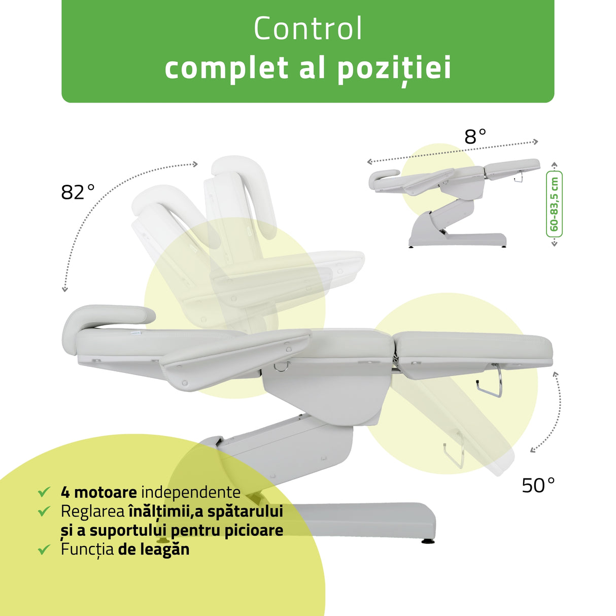 Fotoliu cosmetic electric | Velora PRO 4 | Scaun cosmetic cu reglare electrică | Telecomandă manuală | 4 motoare | 3 ani garanție