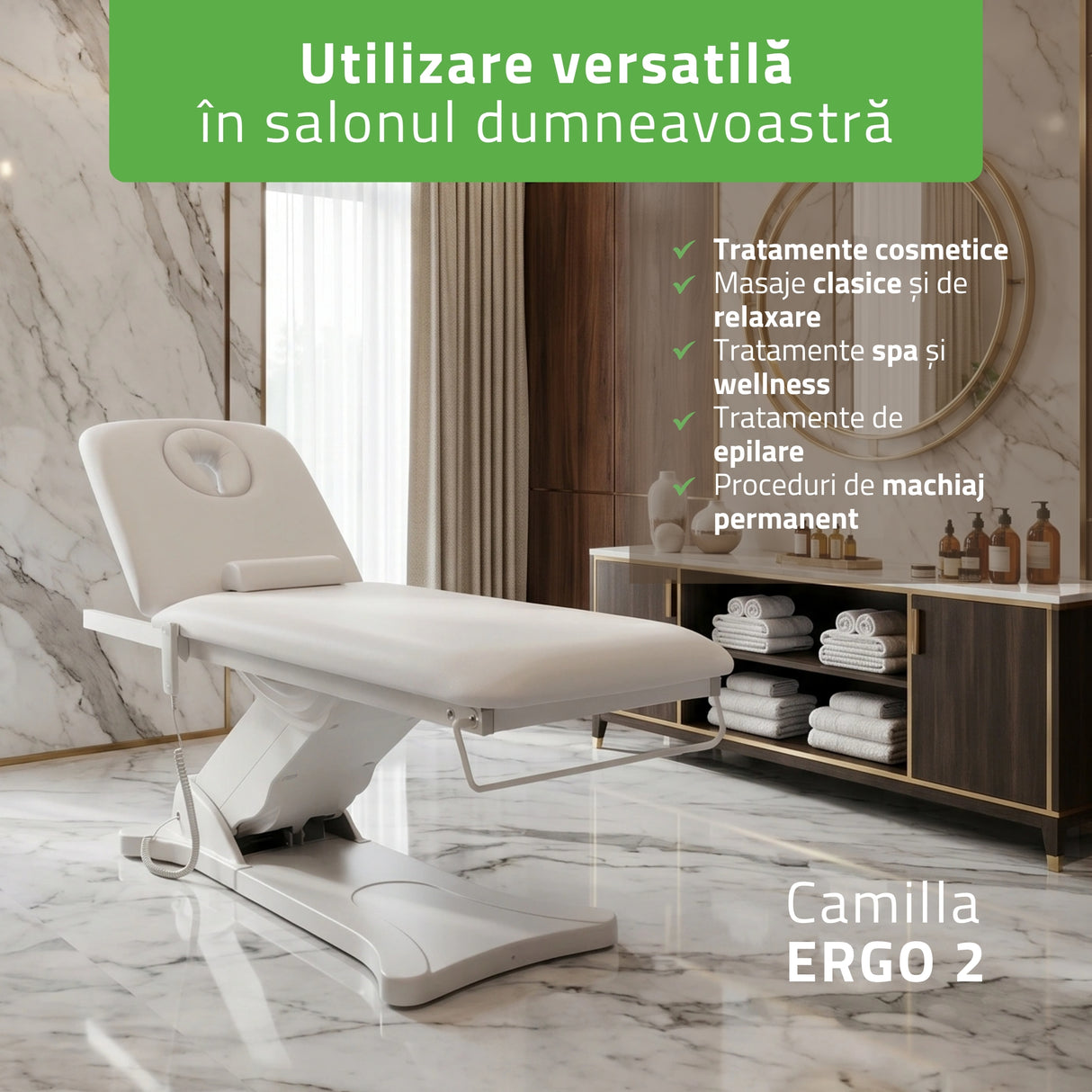 Pat cosmetic electric încălzit pentru masaj și tratamente SPA | 2 motoare | Camilla ERGO 2 | Telecomandă Manuală | 3 ani garanție!