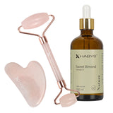 Set pentru masaj facial HABYS | Piatră Gua Sha + |  Roller din cuarț roz + | Ulei natural de migdale 100 ml