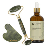 Set pentru masaj facial HABYS | Piatră Gua Sha din Jad + |  Roller din jad + | Ulei natural de migdale 100 ml