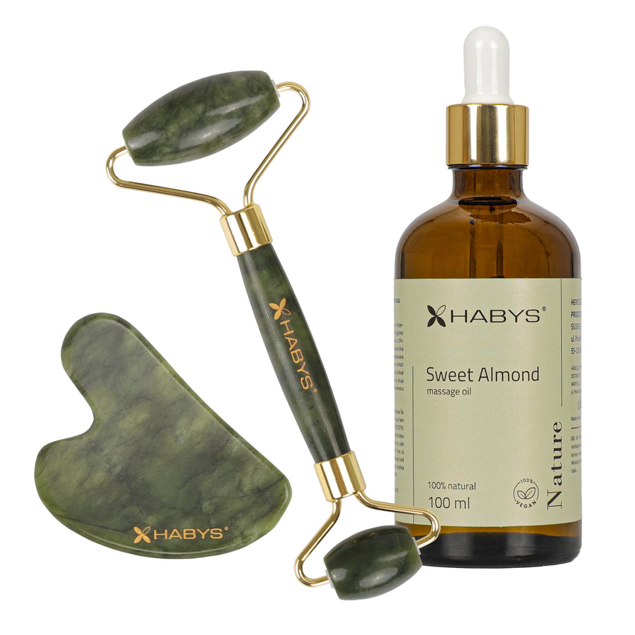 Set pentru masaj facial HABYS | Piatră Gua Sha din Jad + |  Roller din jad + | Ulei natural de migdale 100 ml